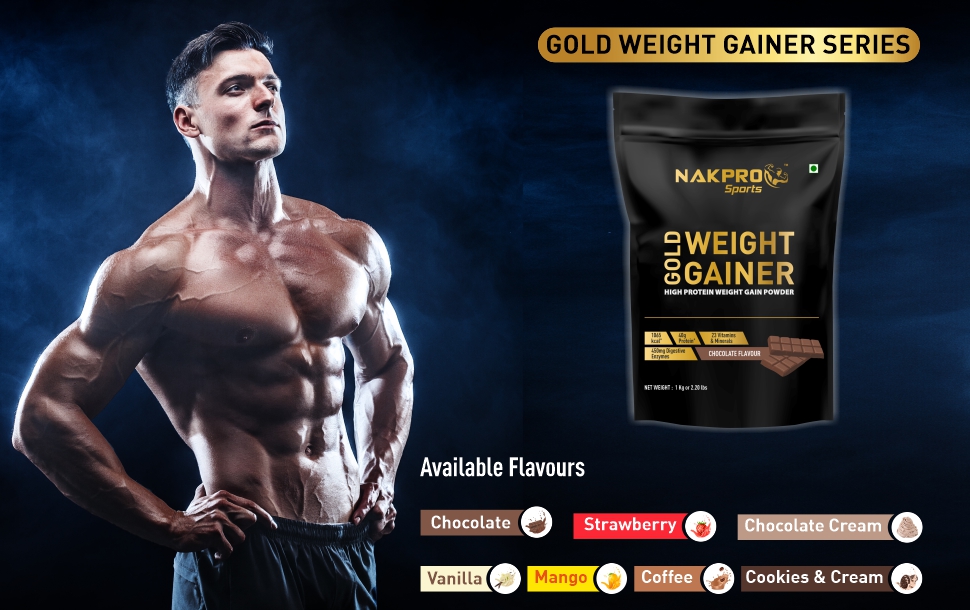 NAKPRO GOLD WEIGHT GAINER | High Carbs & High Calorie | 13g Protein, 80g Carbs |Added Vitamins & Digestive Enzymes|Easy Mixing, Digesting Powder for Men & Women | 1 Kg Chocolate Flavour (10 Servings)