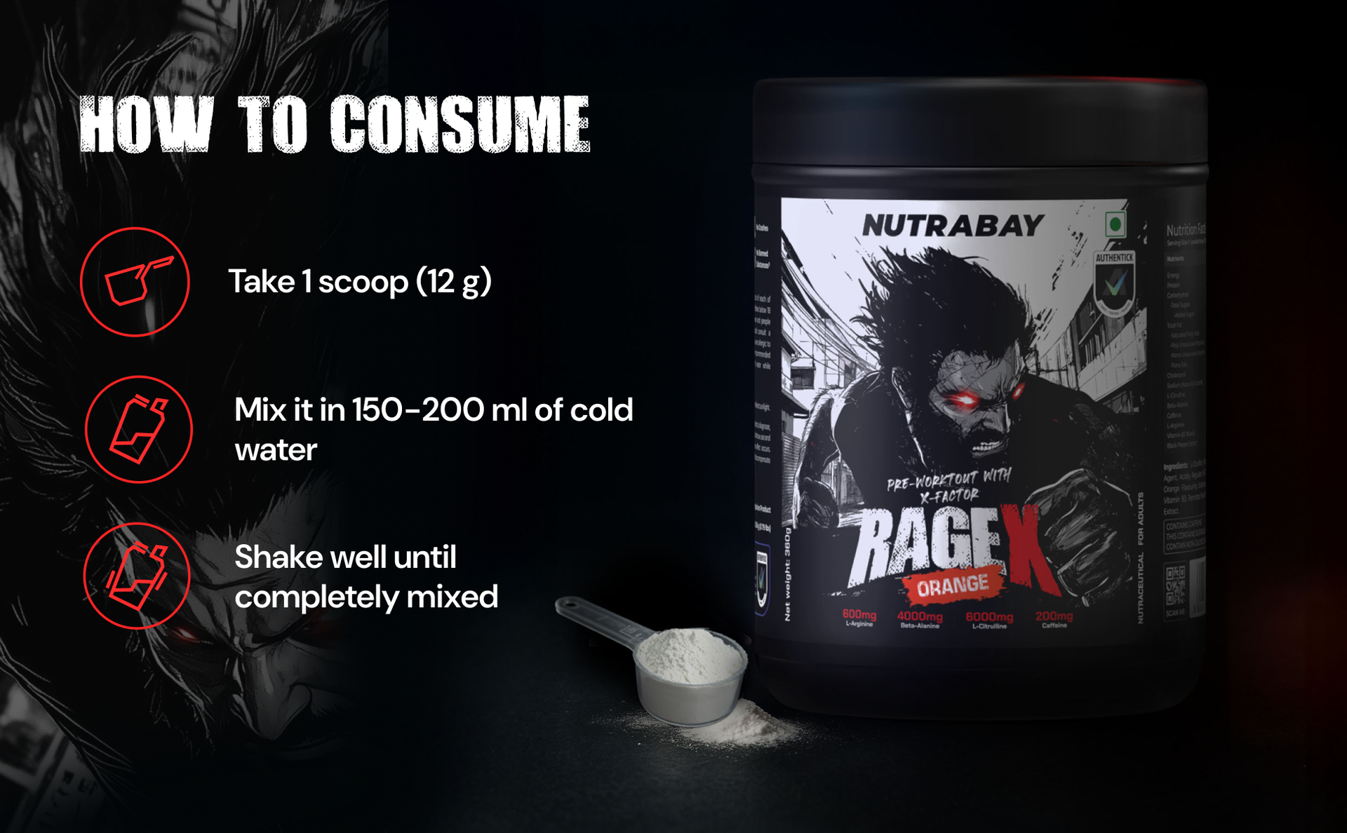 Nutrabay RageX Pre Workout Supplement Powder - 360g, Orange | 200mg Caffeine, 4g Beta Alanine, 6g L-Citrulline, 600mg L-Arginine, & Black Pepper | Muscle Pump & Performance