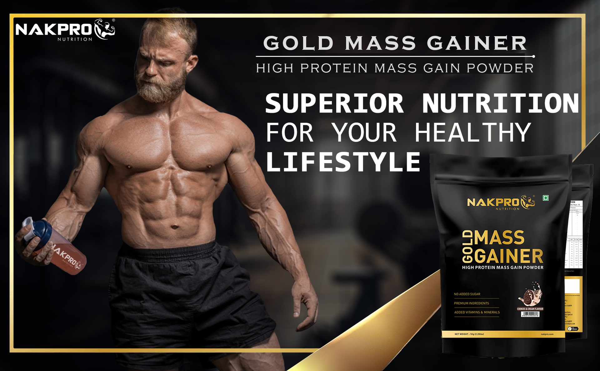 Nakpro Gold Mass Gainer Powder 1 Kg, Double Rich Chocolate| Lean Muscle Whey Protein Mass Gainer | 21g Protein, 68g Carb, 372 Calories Per Scoop for Muscle Support & Muscle Mass Gain