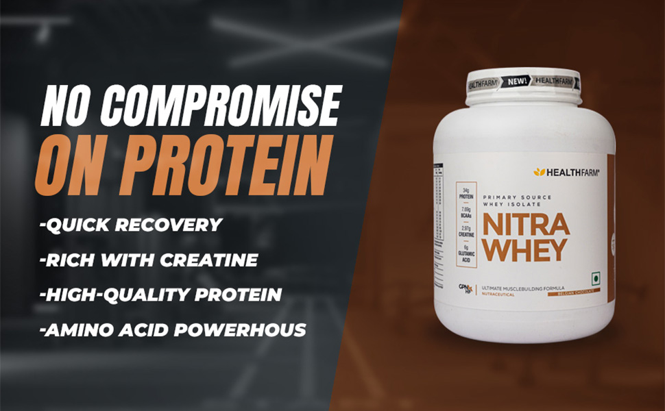 Healthfarm Nitra Whey Protein | 34g Protein Per Serving & 3g Added Creatine | Blend of Isolate & Concentrate Protein (Belgian Chocolate, 2kg)
