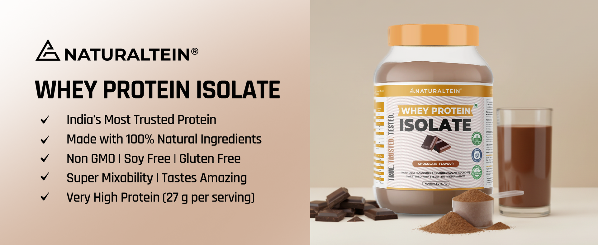 NATURALTEIN Natural Whey Protein Isolate Chocolate – 1 kg | 30 g Serving – 24 g Protein | Naturally Flavoured, Non-GMO | No Artificial Sweeteners | Smooth, Light & Easy to Digest