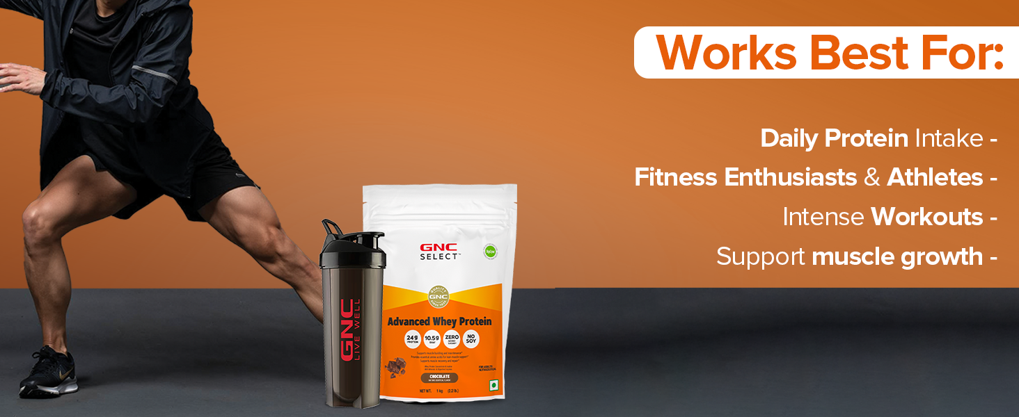 GNC Select Advanced | 24g Whey Protein & 10.5g EAAs | Isolate & Concentrate Blend Sourced from Indian Dairies | Zero Added Sugar | No Soy | Supports Muscle Growth, Recovery & Strength | Enhanced with DigeZyme® for Better Digestion & Easy Absorption | Chocolate, 1 kg