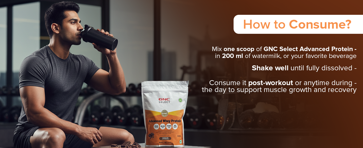 GNC Select Advanced | 24g Whey Protein & 10.5g EAAs | Isolate & Concentrate Blend Sourced from Indian Dairies | Zero Added Sugar | No Soy | Supports Muscle Growth, Recovery & Strength | Enhanced with DigeZyme® for Better Digestion & Easy Absorption | Chocolate, 1 kg