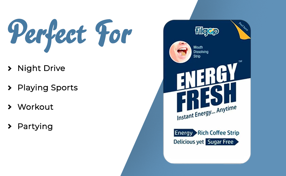 Filgap Energy Oral Strips with Caffeine | Instant Energy Booster Mouth Dissolving Strips | Sugar Free Pre Workout & Sports Supplement for Focus and Alertness | 30 Strips