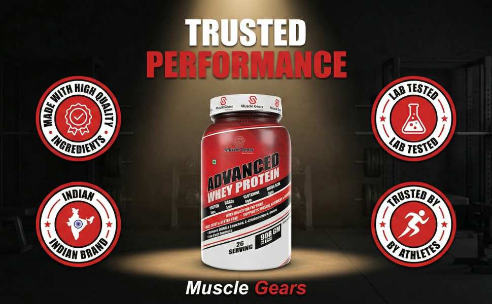 Muscle Gears Advanced Whey Protein | 24g Protein | 5.4g BCAAs | 4g Glutamine | 5g Amino Acids | Digestive Enzymes Blend | Cookies & Cream Flavor | Gluten Free | 2 LBS (908g)