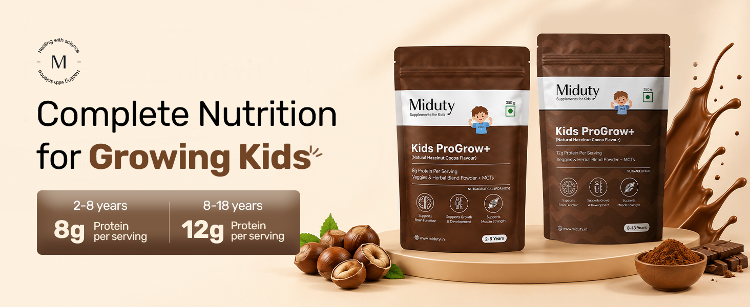 Miduty Kids ProGrow+ Hazelnut Cocoa | Kids & Teens Protein Shake for Growth, Daily Nutrition & Active Recovery | 12g Protein for 8–18 Years | FOS & Inulin, Vitamins & Minerals, Vegetables, Fruit & Nut Blend | Natural Hazelnut Cocoa Flavor - 350g