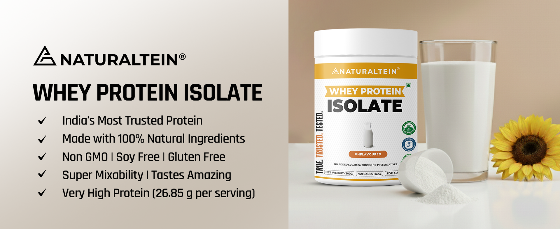 NATURALTEIN Whey Protein Isolate – 300 g | Unflavoured & Natural | 27 g Protein per 30 g Serving | No Artificial Sweeteners | No Adulteration | Fast-Digesting & Light Nutrition