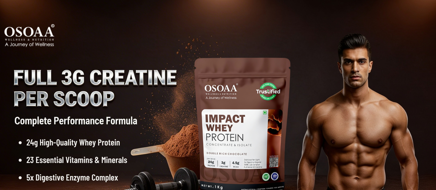 OSOAA Impact Whey Protein 1kg -Double Rich Chocolate | Isolate & Concentrate | 24g Protein & 3g Creatine with 5X Digestive Enzymes | Trustified Certified & NABL Lab Tested