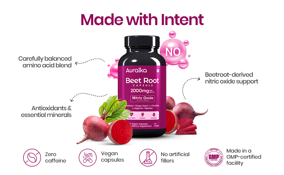 Beet Root Capsules 2000mg | 6-in-1 Nitric Oxide Support with Beetroot, L-Arginine, L-Citrulline & Grape Seed | Supports Circulation, Heart & Muscle Health, Energy, Stamina & Endurance | 60 Vegan Capsules