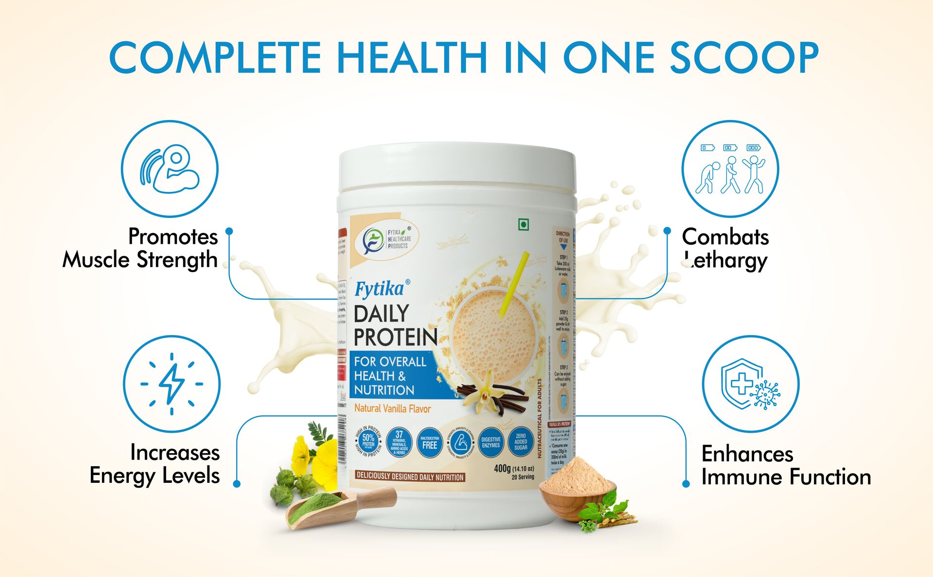 Fytika Daily Protein-400g (Pack of 1, Vanila) | Complete Nutrition Drink for Adults with 37 Essential Vitamins & Minerals | 50% Protein Per Serve | High Protein Drink for Men & Women