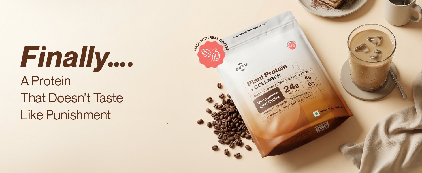 Setu Plant Protein + Veg Collagen | 24g Protein with Glutathione & Biotin | Pea & Rice Isolate | For Muscle, Skin & Hair | (Pack of 6 Single Serve Sachets)