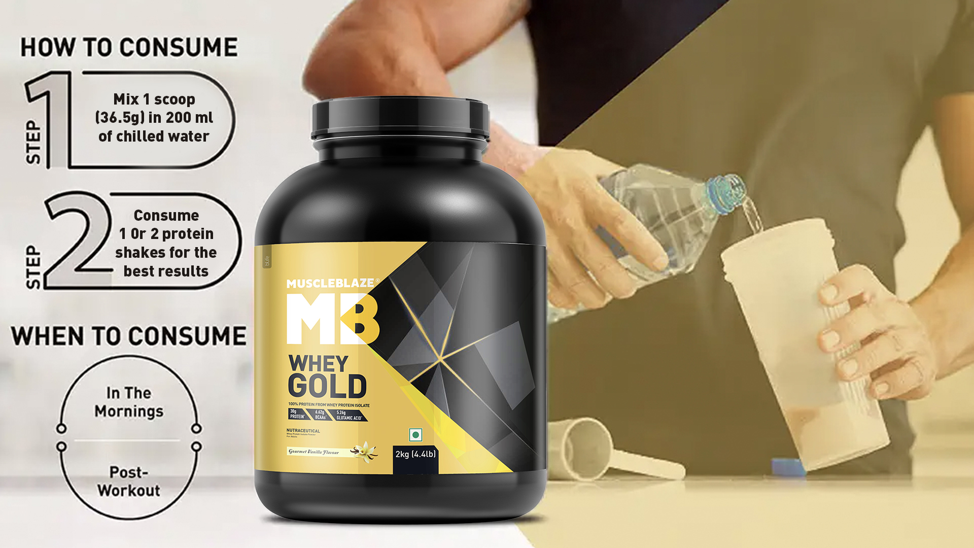 MuscleBlaze 100% Whey Gold Protein Powder Isolate, 1kg (2.2lbs)