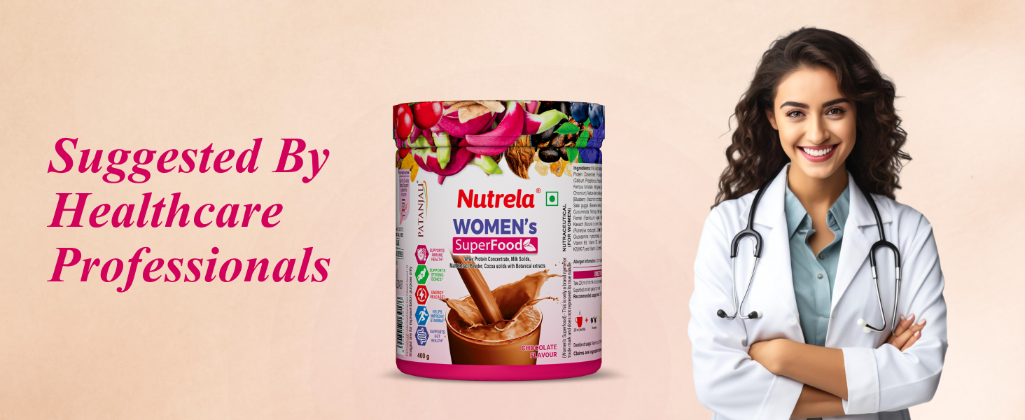Nutrela Women Superfoods Protein Powder - 400g, Chocolate | Everyday Fitness with Biofermented Multivitamins & Whey Protein to support in Bone & Joints Health , Muscle , Heart , Hair & Nails , Vitality and Mood Stabilizer