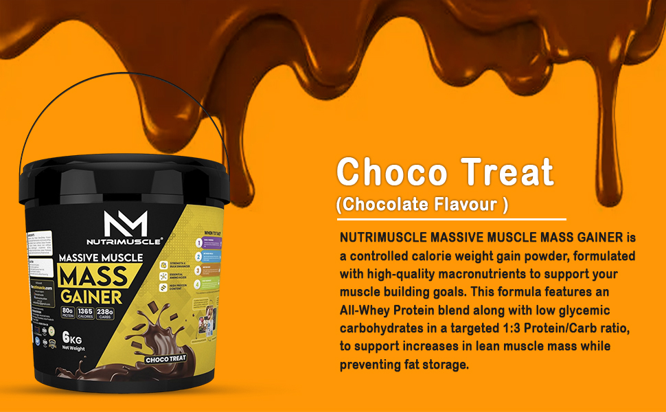 Nutrimuscle Massive Muscle Mass Gainer – 6 Kg | Chocolate Flavour | High Protein Gainer with Whey Protein, Creatine Monohydrate, BCAA & Digestive Enzymes for Mass, Muscle, Power & Strength | For Men & Women