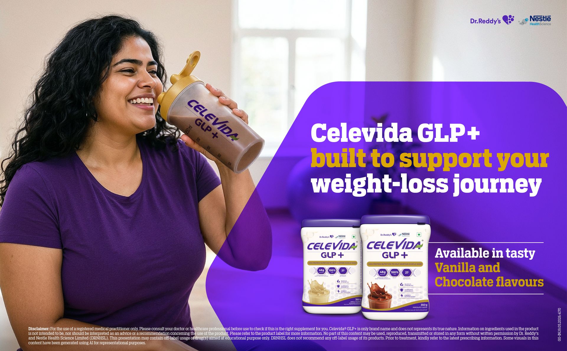 Celevida GLP+ - High protein support for lean muscle preservation during GLP-1/GIP therapies | 24gm protein per serving (predominantly WHEY isolate sourced from Europe) | Contains 100% RDA BCAA - Chocolate Flavour - 350 gm