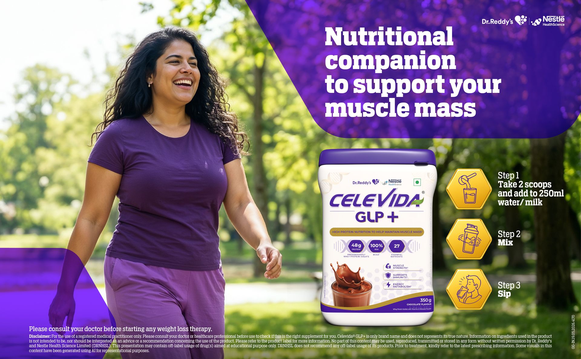 Celevida GLP+ - High protein support for lean muscle preservation during GLP-1/GIP therapies | 24gm protein per serving (predominantly WHEY isolate sourced from Europe) | Contains 100% RDA BCAA - Chocolate Flavour - 350 gm