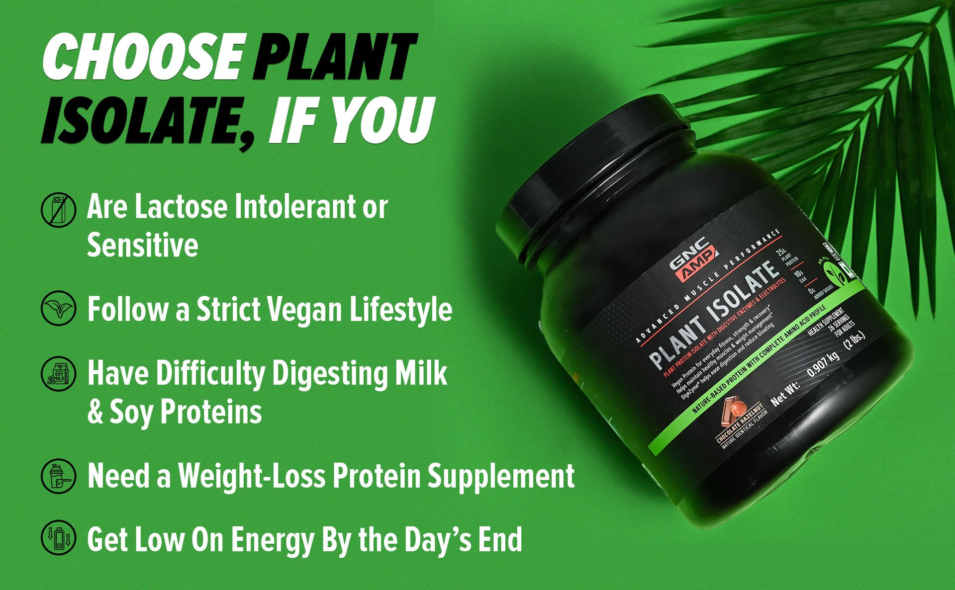 GNC AMP Plant Isolate Protein | 2 lbs | 26 Servings| Vegan Protein | Lactose Free & Soy Free |DigeZyme For Easy Digestion | Active Lifestyle | Healthy Muscles| Chocolate Hazelnut | 907 gm