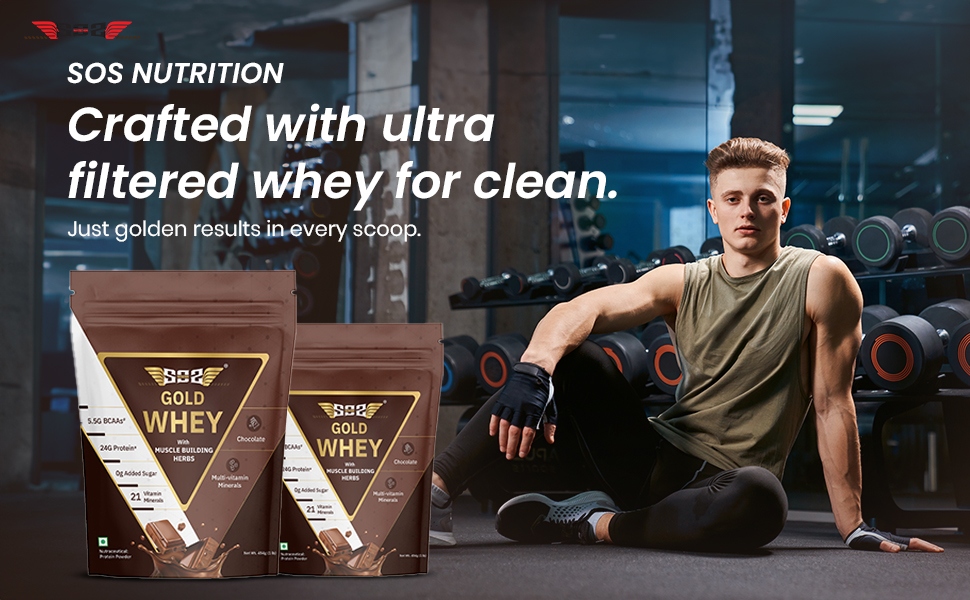 SOS Nutrition Gold Whey Protein Powder 454g (15 Servings) | 24g Protein, 5.5g BCAAs | With Ashwagandha & Musli | Gluten-Free, Lactose-Free | No Artificial Sweeteners | Muscle Recovery Protein
