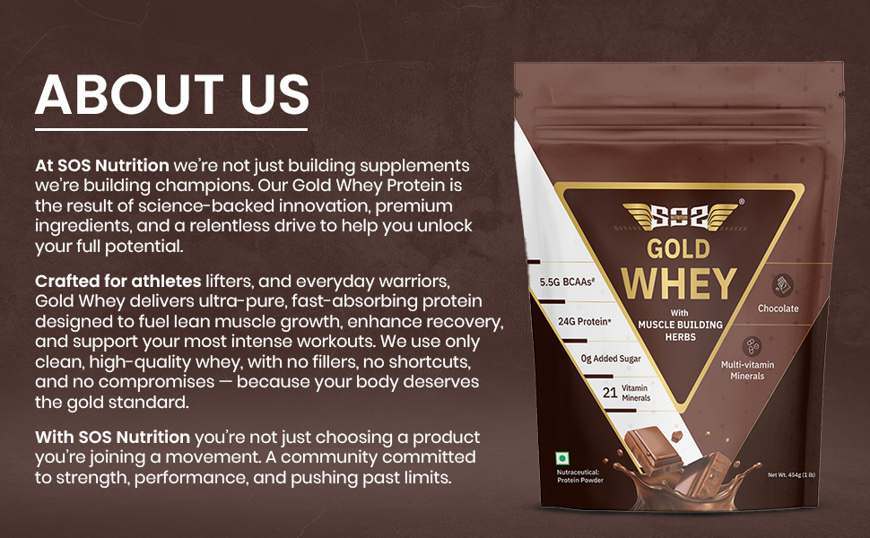 SOS Nutrition Gold Whey Protein Powder 454g (15 Servings) | 24g Protein, 5.5g BCAAs | With Ashwagandha & Musli | Gluten-Free, Lactose-Free | No Artificial Sweeteners | Muscle Recovery Protein