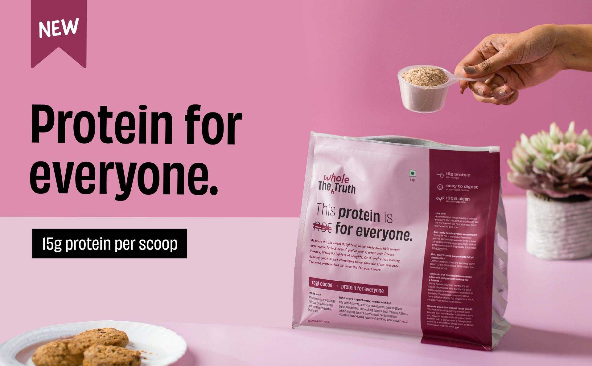The Whole Truth 15 g Protein/Sachet | Pack of 7 Sachets | Ragi Cocoa | Protein For Everyone | Beginners Protein Powder | Clean, Light & Easy to Digest | No Artificial Flavours (210 g)