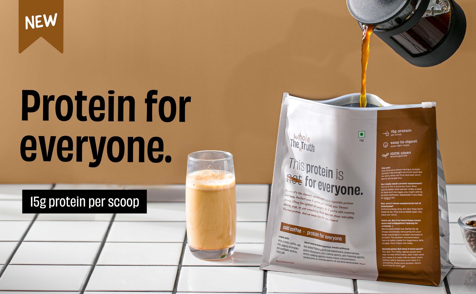 The Whole Truth 15 g Protein/Sachet | Pack of 7 Sachets | Ragi Cocoa | Protein For Everyone | Beginners Protein Powder | Clean, Light & Easy to Digest | No Artificial Flavours (210 g)