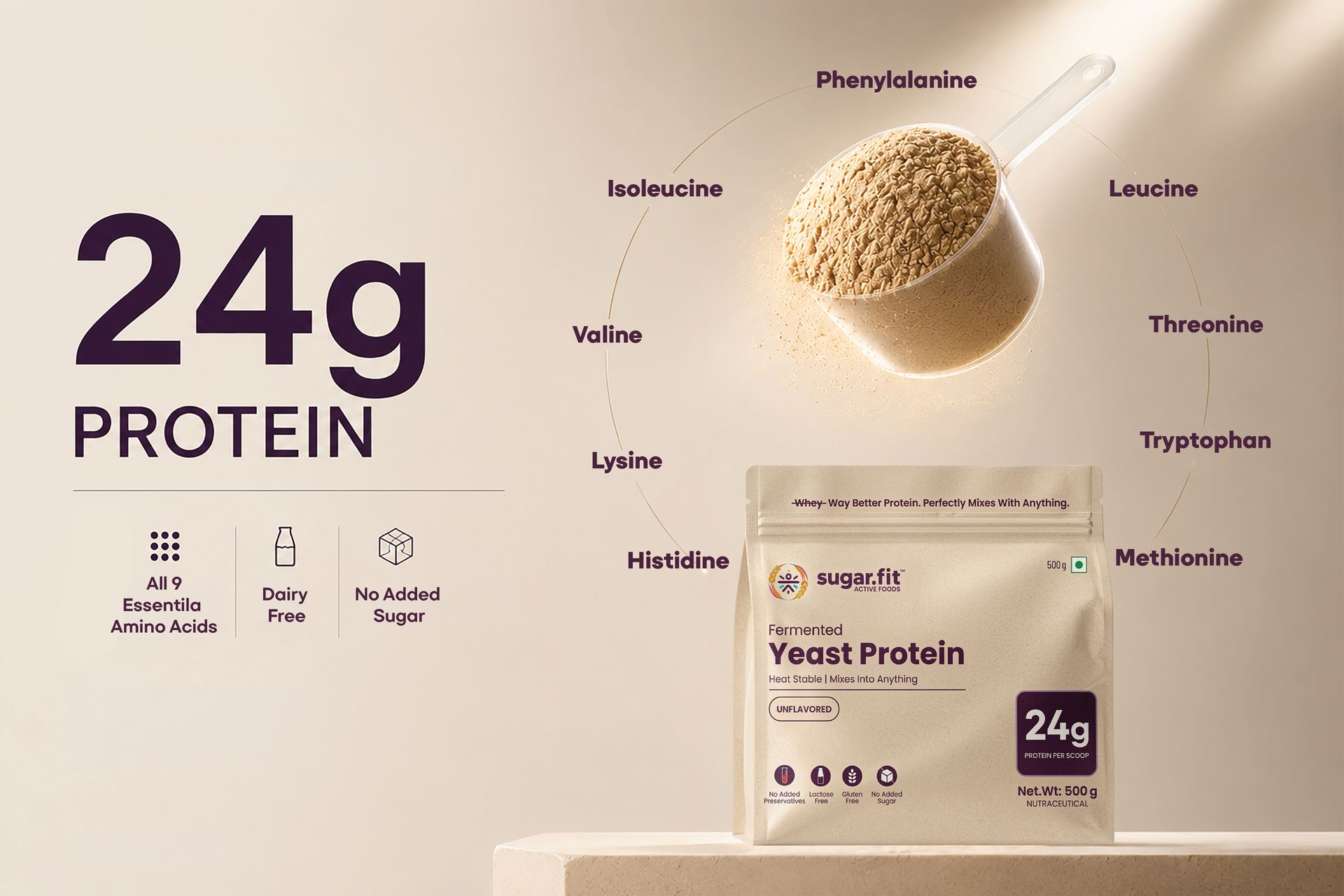 Sugar.fit | Active Foods Fermented Yeast Protein Powder, Unflavored, 24g Protein per Scoop, Heat Stable, Gluten Free, Lactose Free, No Added Sugar, Vegan, 500g (Pack of 2)