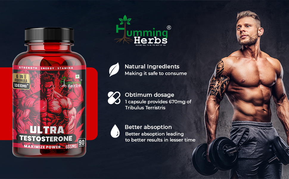 Humming Herbs Ultra Testosterone support for men| Muscle Growth, Energy and Performance with | Tongkat Ali, Tribulus,Arginine and Horny Goat Weed | | 6in1 | 12410 eqv |90 Capsules |, 80 grams