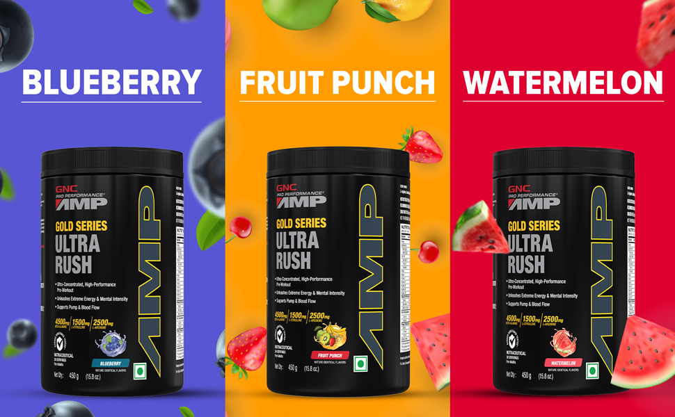 GNC AMP Gold Series Ultra Rush Pre-Workout | 450 gm | 30 Servings | Maximum Energy & Stamina | Deep Mental Focus | Powerful Muscle Pump | 4.5g Beta-Alanine | 1.5g L-Citrulline | 2.5g L-Arginine | Fruit Punch