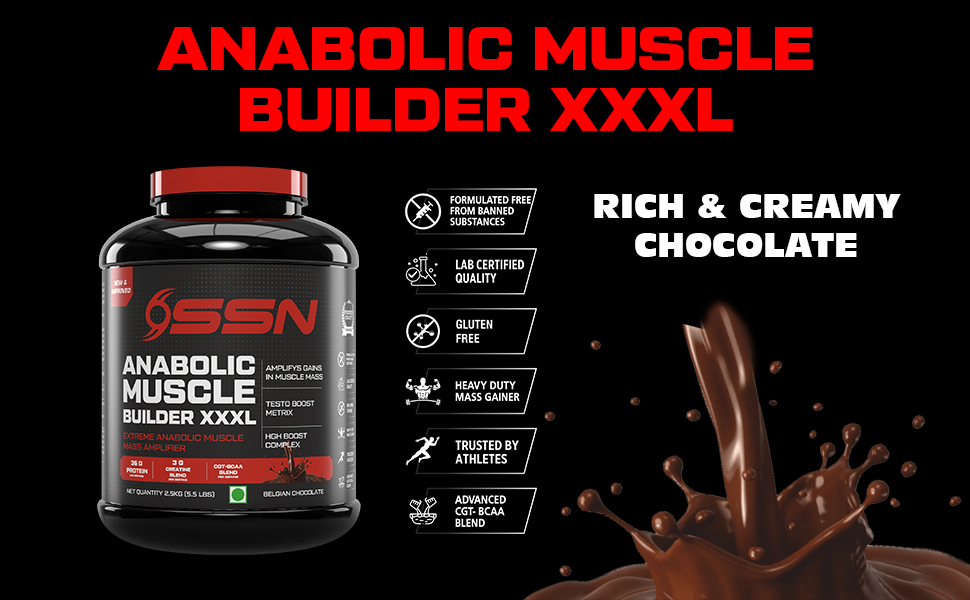 Anabolic Muscle Builder Xxxl, 2.5Kg (5.5 Lbs), Chocolate, Extreme Anabolic Muscle Mass Gainer, 36G Of Protein And 738 Kacl Per Serving Accelerate Post Workout Recovery, Powder