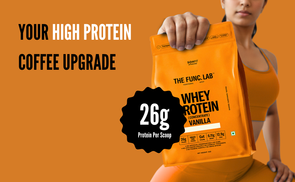 The Func. Lab Whey Protein Concentrate - Vanilla Flavor | 500g | Grass‑Fed, 26g Protein, 6.11g BCAA per Scoop | High Protein Supplement for Muscle Growth, Digestion and Absorption Support