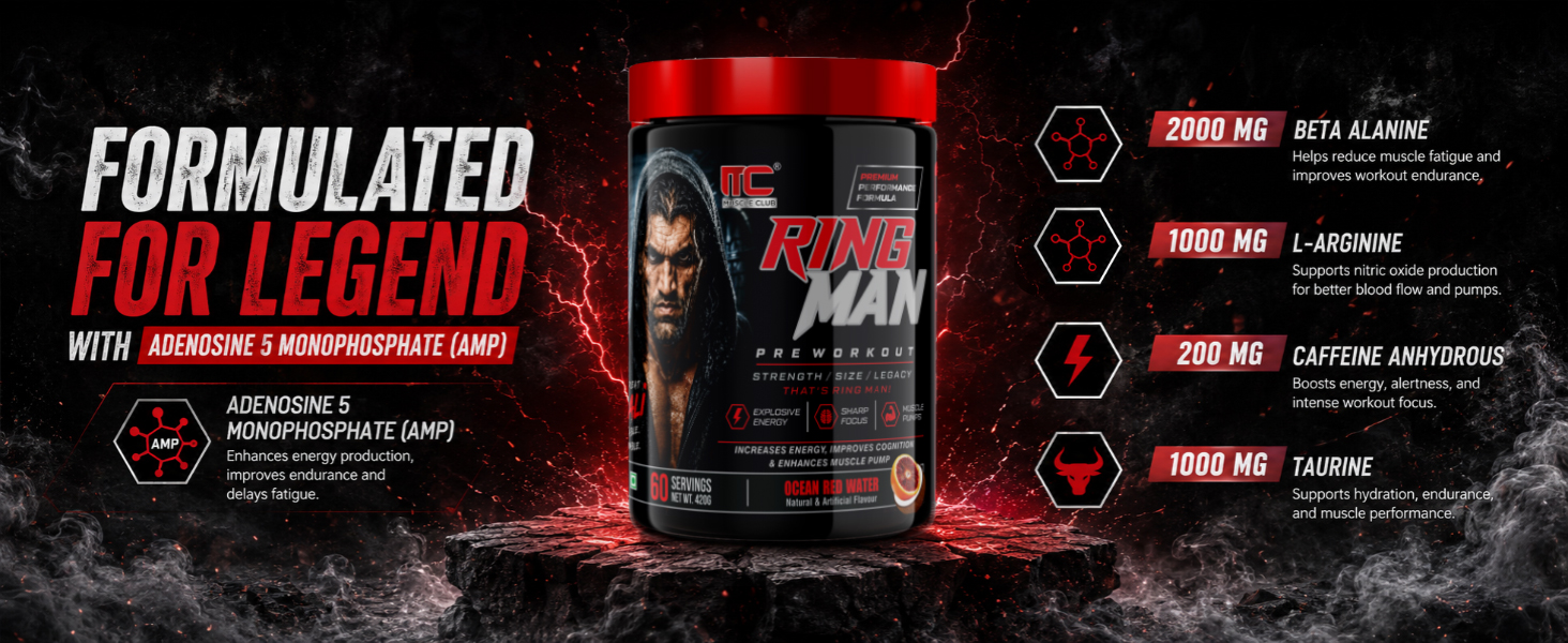 Muscle Club Ring Man Pre Workout Ocean Red Water Flavour | AMP Powered | By The Great Khali | High Stim Pre workout with 2000mg Beta-Alanine & 200mg Caffeine | Energy & Focus Booster