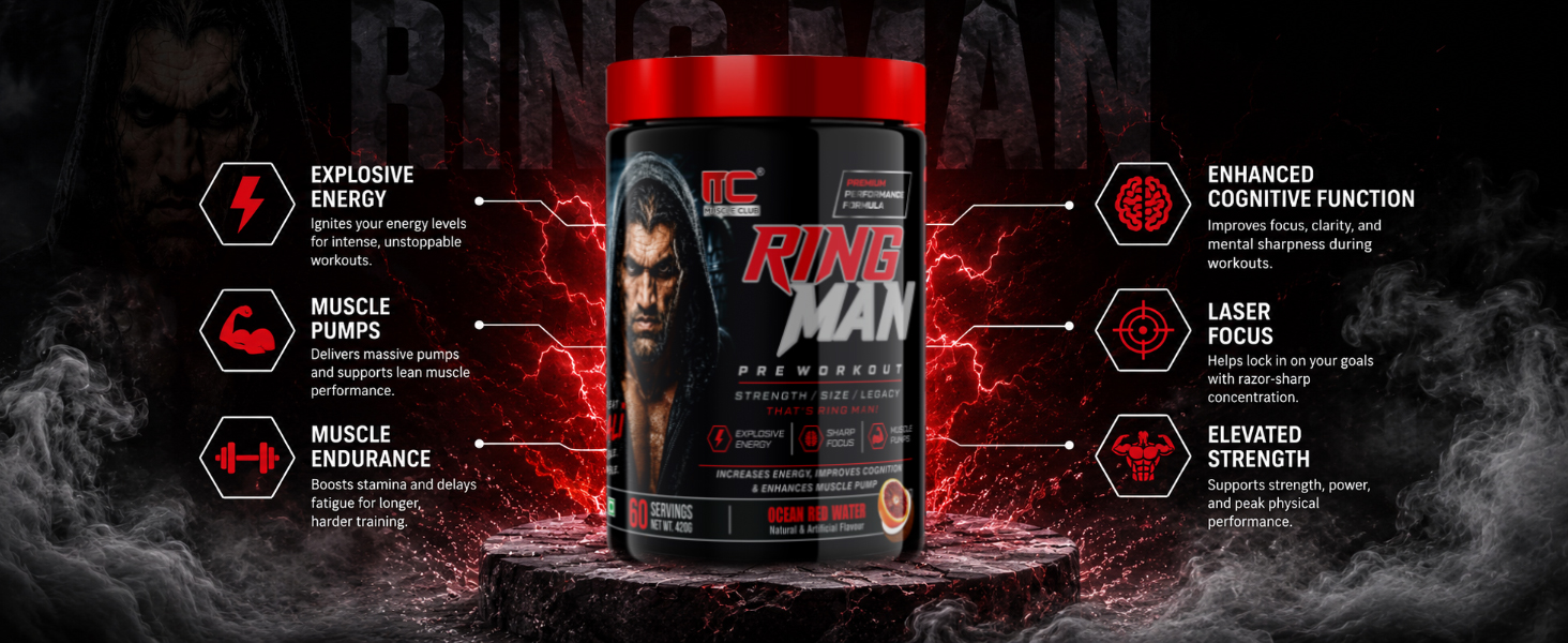 Muscle Club Ring Man Pre Workout Ocean Red Water Flavour | AMP Powered | By The Great Khali | High Stim Pre workout with 2000mg Beta-Alanine & 200mg Caffeine | Energy & Focus Booster