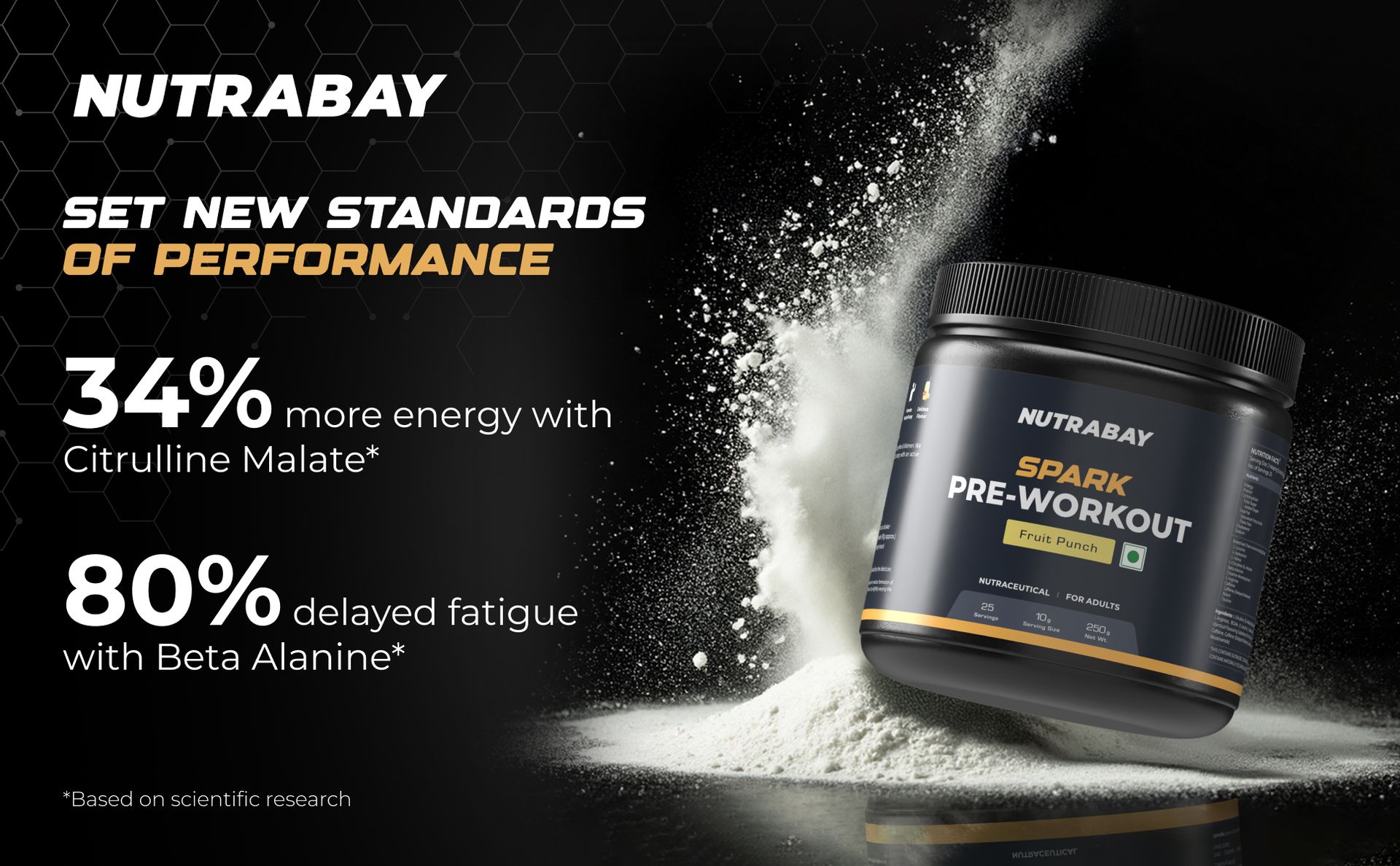Nutrabay Gold Spark Pre Workout Supplement Powder 300mg Caffeine, 1000mg L-Arginine, 3000mg Beta Alanine, 2500mg Citrulline Malate per Serving – Muscle Pump & Performance – 250g, Fruit Punch