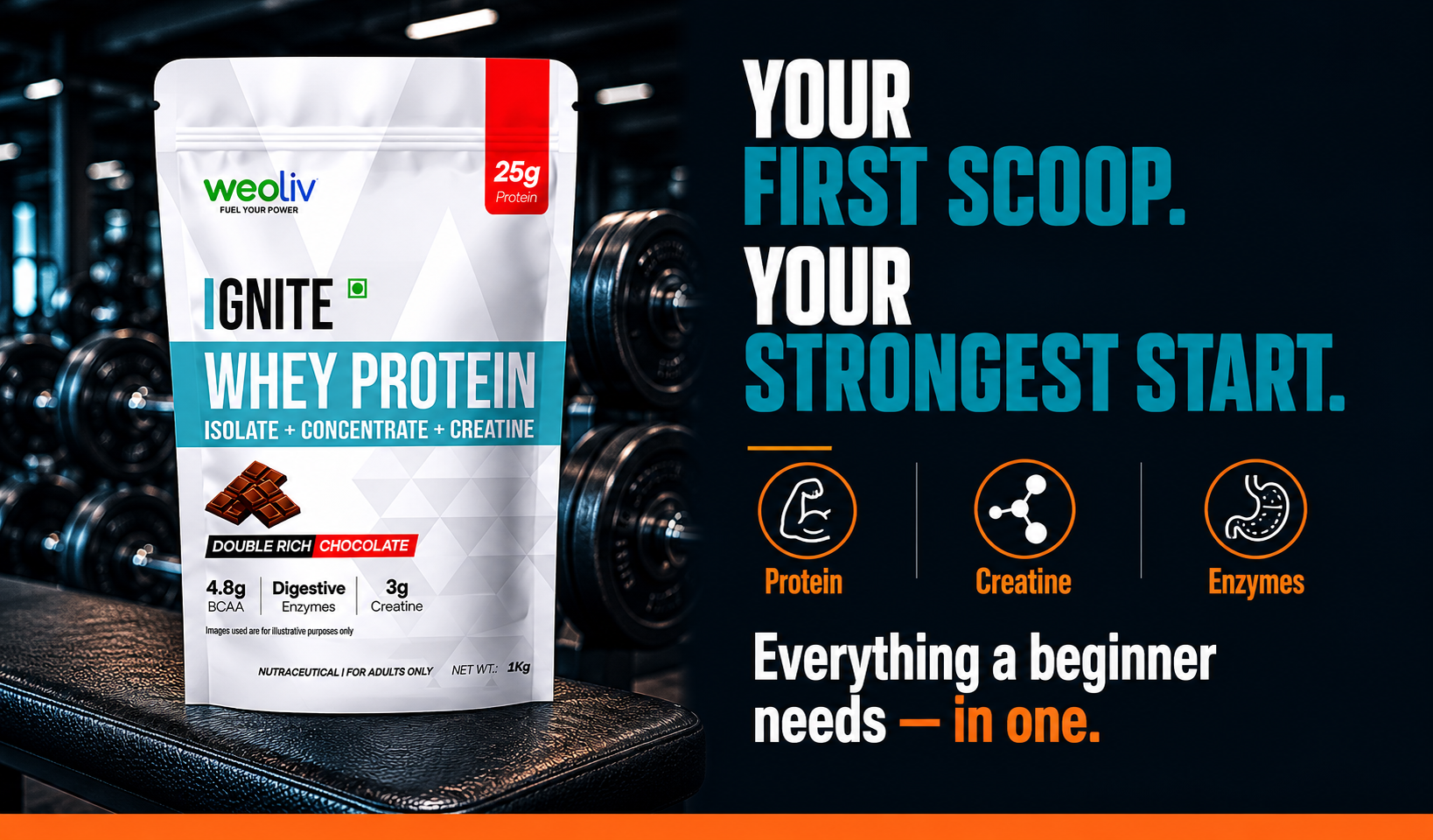Ignite Whey Protein Powder 1kg | 25g Protein + 3g Creatine Per Serving | Blend of Whey Isolate & Concentrate | 5X Digestive Enzymes | Low Carb, Fast Absorbing | NABL Lab Tested | Kesar Kulfi