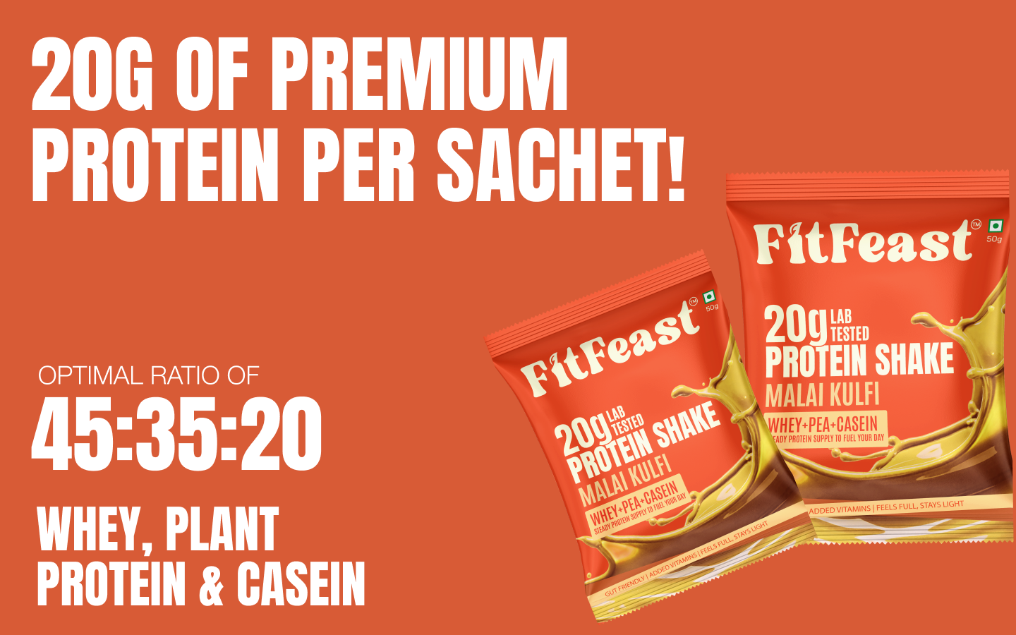 FitFeast Protein Shake Sachet - Pack of 7 | 20g Triple Blend Protein Per Serve| 45:35:20 Whey, Pea & Casein Blend | No Maltodextrin | 0 Added Sugar | As Seen on Shark Tank (Malai Kulfi)