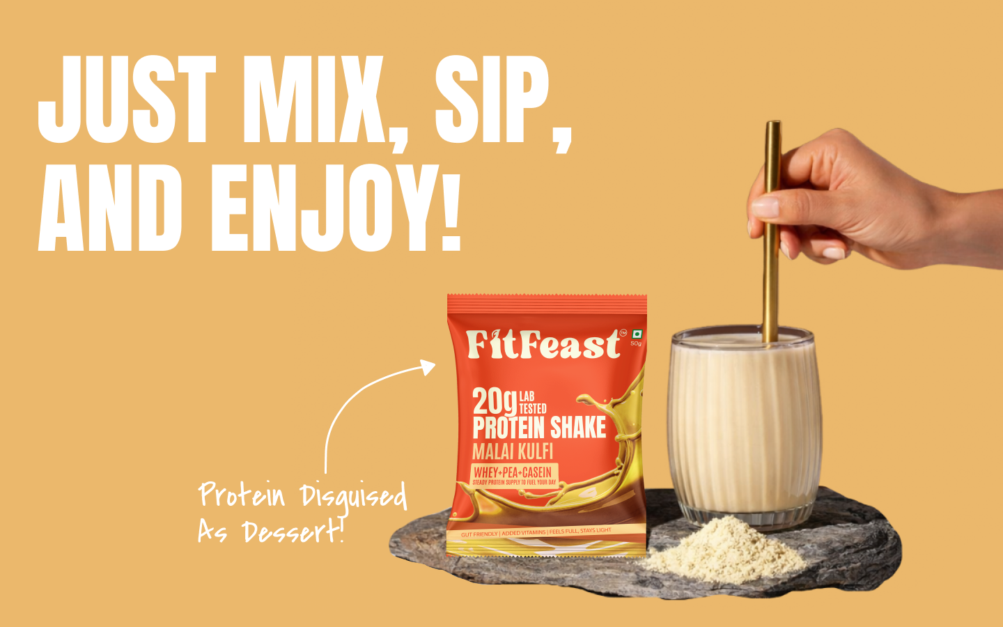 FitFeast Protein Shake Sachet - Pack of 7 | 20g Triple Blend Protein Per Serve| 45:35:20 Whey, Pea & Casein Blend | No Maltodextrin | 0 Added Sugar | As Seen on Shark Tank (Malai Kulfi)