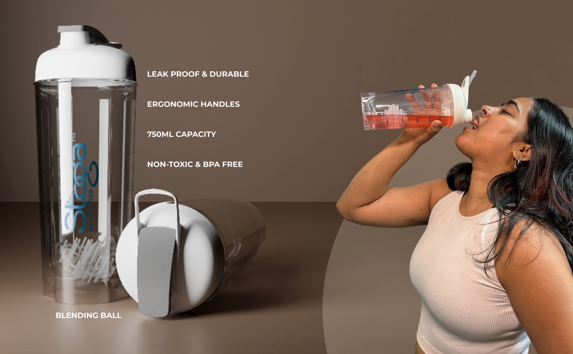 Stoga 750 ml Protein Shaker Bottle | Leak-Proof, BPA-Free, with Mixing Ball & Measurement Marks