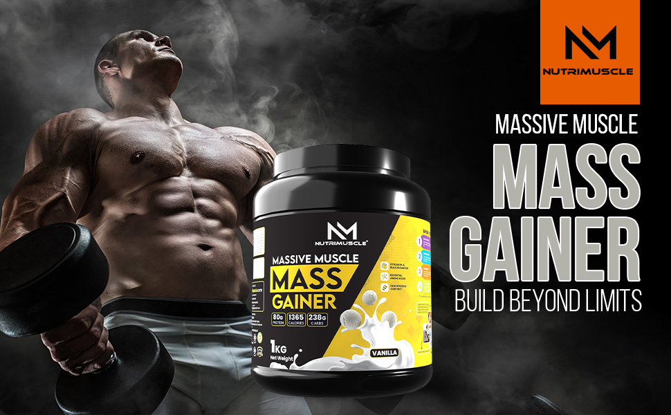 Nutrimuscle® Massive Muscle Mass Gainer, 1 Kg (Vanilla Flavour) – Whey Protein Blend with Complex Carbohydrates & Creatine Monohydrate for Muscle, Mass & Strength Gain