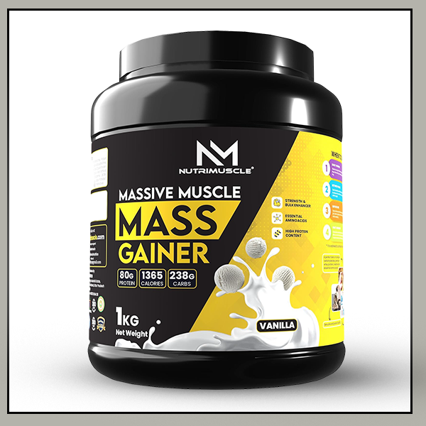Nutrimuscle® Massive Muscle Mass Gainer, 1 Kg (Vanilla Flavour) – Whey Protein Blend with Complex Carbohydrates & Creatine Monohydrate for Muscle, Mass & Strength Gain