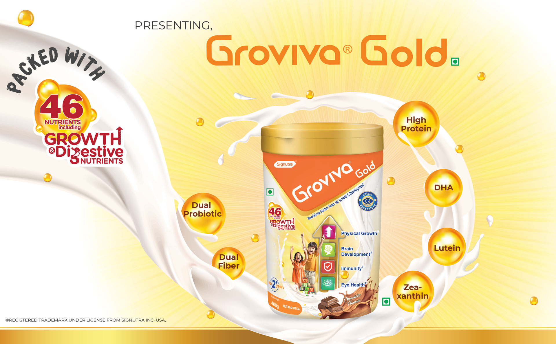 Groviva Gold Milk Protein Powder for Kids | 2-6 Years | 200g Chocolate Jar| 46 Nutrients | Growth & Digestive Nutrients | Supports Physical Growth, Brain Development, Immunity & Eye Health