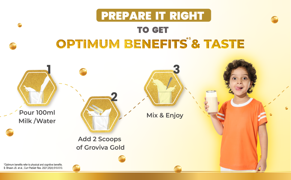 Groviva Gold Milk Protein Powder for Kids | 2-6 Years | 200g Chocolate Jar| 46 Nutrients | Growth & Digestive Nutrients | Supports Physical Growth, Brain Development, Immunity & Eye Health