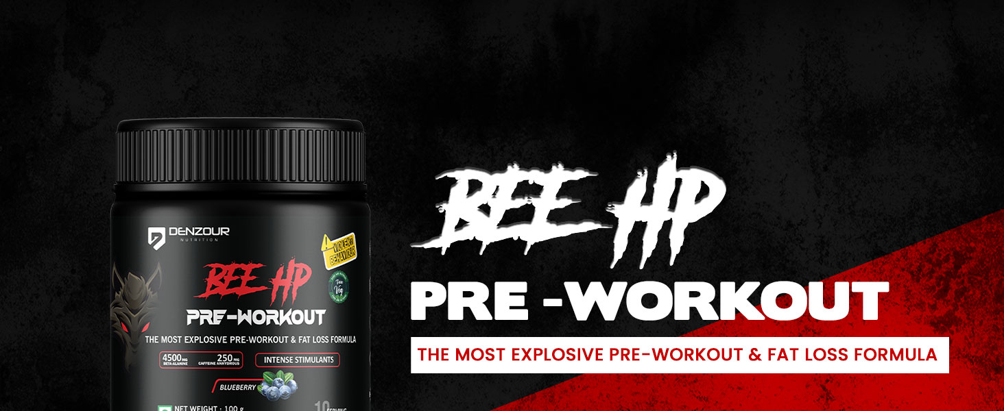 DENZOUR NUTRITION Bee-HP Pre-Workout Powder, Energy, Strength & Muscle Pump, 200mg Caffeine, 750mg Creatine Monohydrate, 2500mg Beta-Alanine, Blueberry Flavour, 100g, 10 Servings