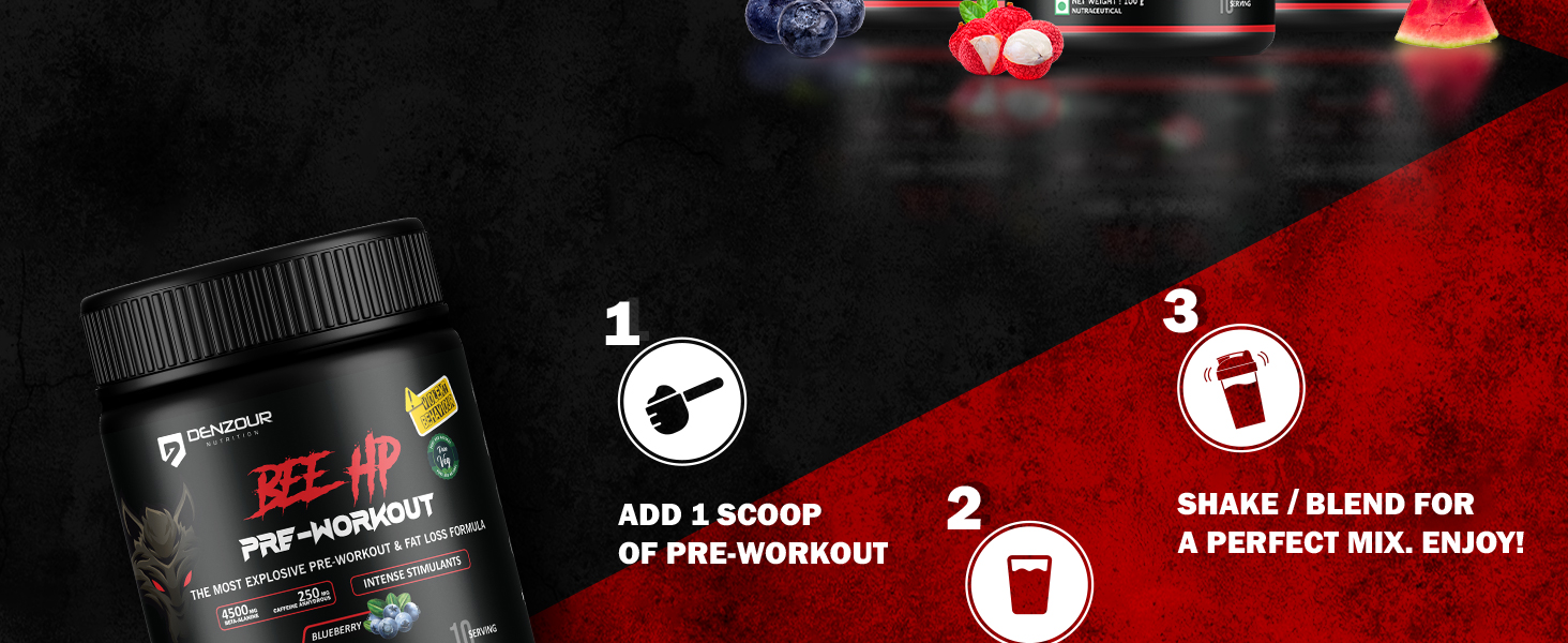 DENZOUR NUTRITION Bee-HP Pre-Workout Powder, Energy, Strength & Muscle Pump, 200mg Caffeine, 750mg Creatine Monohydrate, 2500mg Beta-Alanine, Blueberry Flavour, 100g, 10 Servings