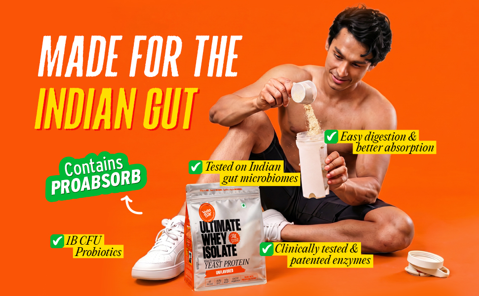 Yogabar Ultimate Whey Protein Powder (Unflavoured) | 31g Complete Protein with Whey Protein Isolate + Fermented Yeast Protein | Added Probiotics & Digestive Enzymes | No Added Sugar | 500g