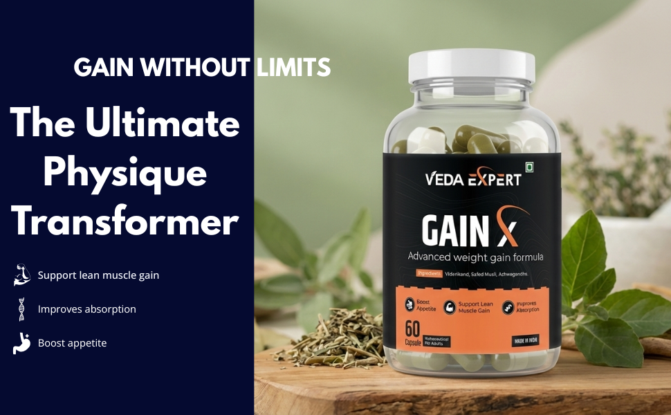 GAIN X -Advanced Weight Gainer Supplement | Supports Lean Muscle Growth & Appetite Booster with Ashwagandha, Vidarikand & Safed musli | Natural & Ayurvedic, 60 Capsules for Men & Women |