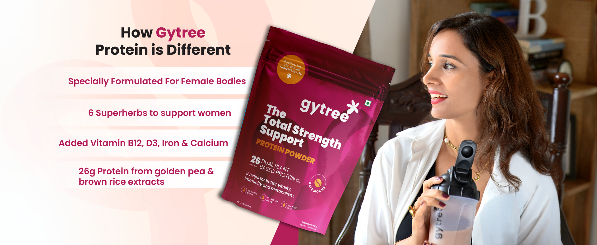 Gytree Plant Protein Powder For Women | Vegan Dual Plant-Based Protein | 26 gram per serving of Pea & Brown Rice Protein | Plant Protein for Women (Cafe Mocha, 500g)