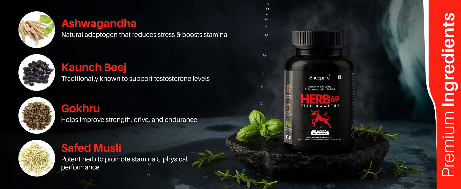 Sheopals Herb 69 Vibe Booster Supplement for Men with L-Arginine, L-Citrulline, Ginseng, Ashwagandha – 60 Caplets