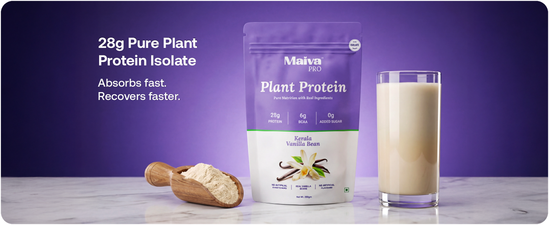 Maiva Pro Plant Protein Powder - 250g - Kerala Vanilla Bean (Vanilla) | 28g Protein, Pea Protein Isolate | No Artificial Sweeteners | Easy to Digest, Light on Stomach | No Bloating | Vegan, Lactose Free
