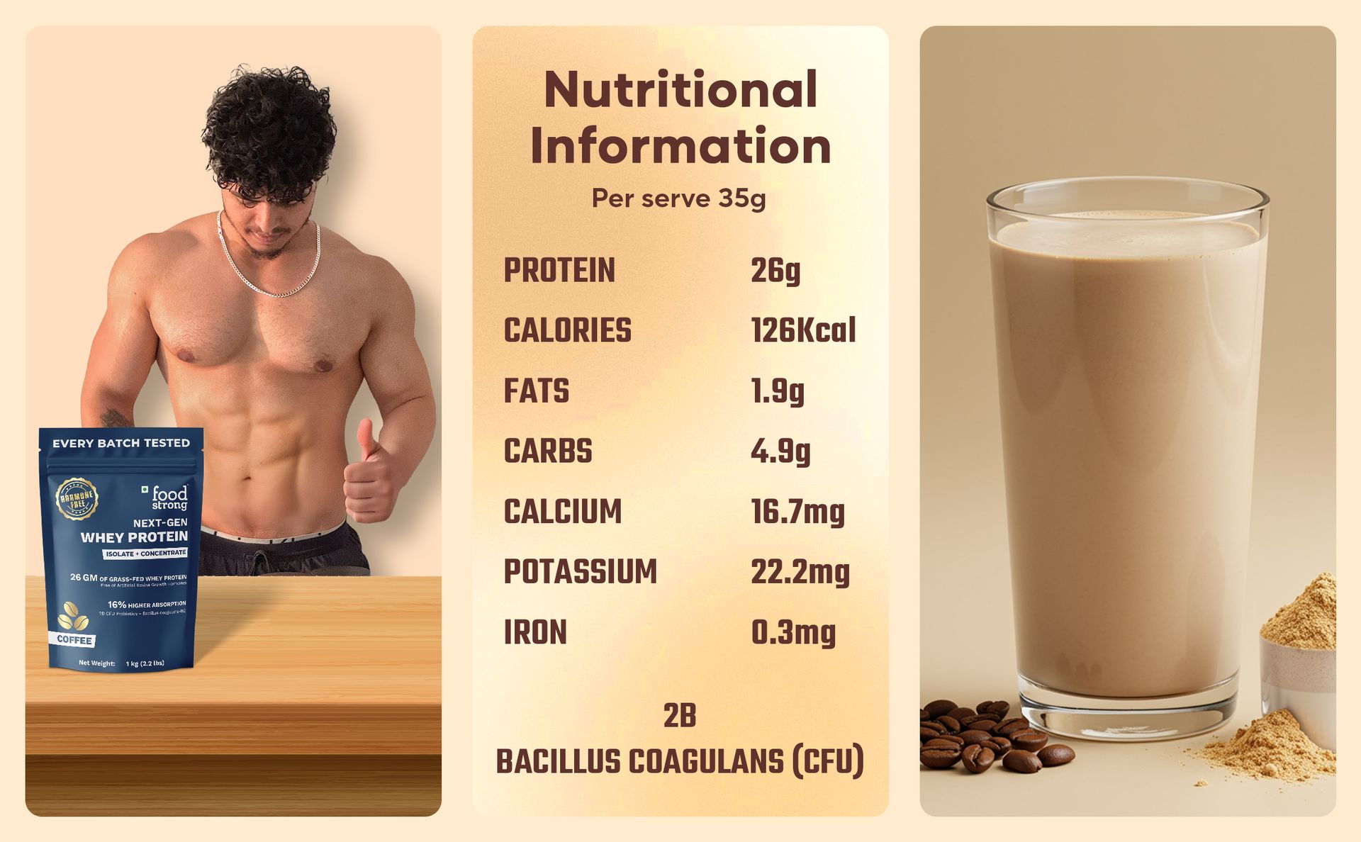 Foodstrong Next-Gen Whey Protein Isolate + Concentrate, 100% Hormone Free Grass-Fed Whey, 26G Protein, Coffee, With Turmeric, Probiotics & Natural Digestive Enzymes For Easy Digestion, 1KG