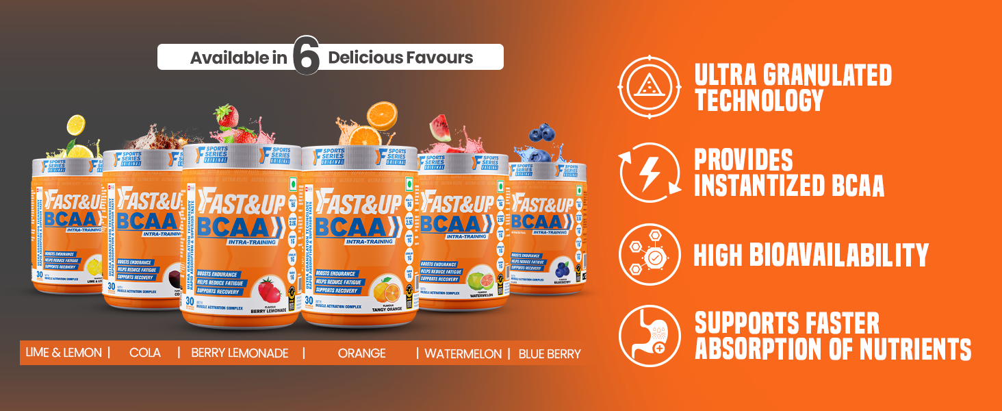 FAST&UP BCAA Watermelon Flavour Advanced BCAA Supplement with Glutamine, Citrulline, L-Arginine & Taurine - Pre/Post Workout & Intra Workout Supplement Powder for Adults(450gm, 30 Servings)